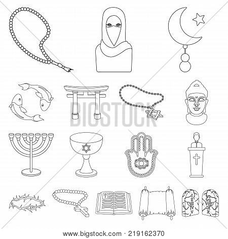 Religion and belief outline icons in set collection for design. Accessories, prayer vector symbol stock  illustration.