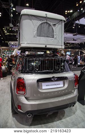 Bangkok Thailand - December 11 2017: Mini Cooper Countryman mount with rooftop tent presented in Motor Expo 2017