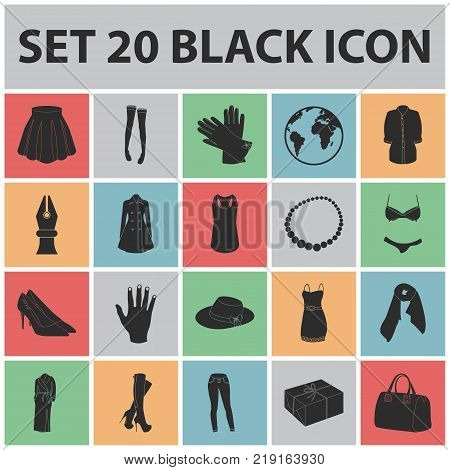 Women's Clothing black icons in set collection for design.Clothing Varieties and Accessories vector symbol stock  illustration.