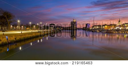 Panoramic view of Harbor by night with beautiful sunset in La Rochelle Town