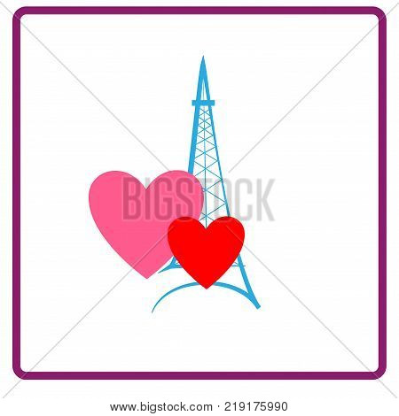 Eifel tower sign with two heart and lettering Paris. Color isolated silhouette. Eiffel Tower as symbol Paris and love. Template for t shirt apparel card poster. Design element. Vector illustration