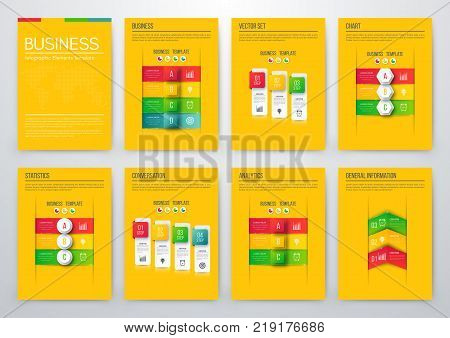 Set with infographics. Data and information visualization. Template. Stock vector. Dynamic infographics stylish geometric. element for design business invitations, gift cards, flyers and brochures