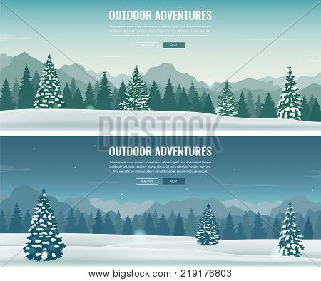 Landscape with mountain peaks. Winter sport vacation and outdoor recreation. Concept website template. Vector illustration