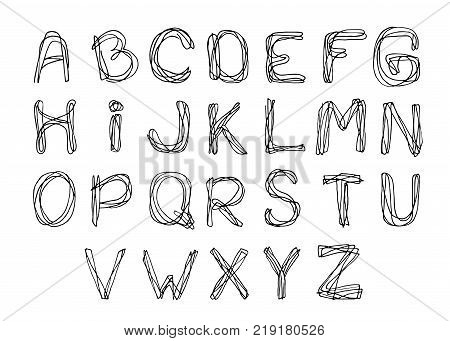 Hand drawn alphabet letters. Black and white vector illustration