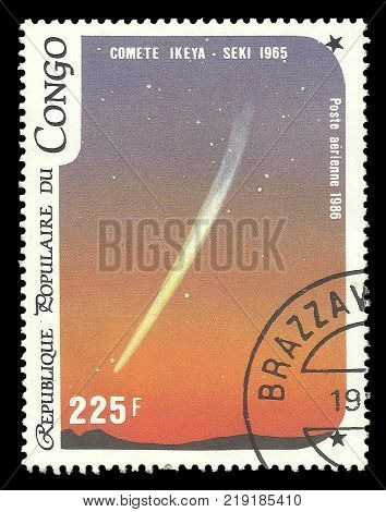 Congo - CIRCA 1986: Stamp printed by Congo Color memorable Air mail edition offset printing devoted Halley's Comet shows Comet Ikeya-Seki in the Sky