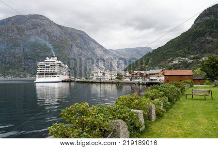 EIDFJORD, NORWAY - 21 SEPTEMBER 2017: Viking Star cruise ship docked at the quayside in Eidfjord in Norway