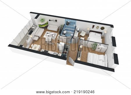 3d rendering of furnished home apartment plan