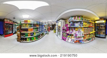 GRODNO BELARUS - APRIL 20 2016: Panorama interior small grocery store . Full spherical 360 by 180 degrees seamless panorama in equirectangular projection. VR content
