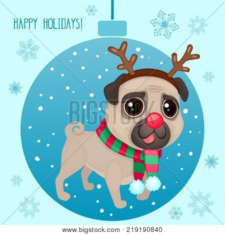 Vector cartoon Christmas dog. Symbol of new year 2018. Color illustrations with cute pug in a deer costume. Winter background with Christmas ball and snowflakes.