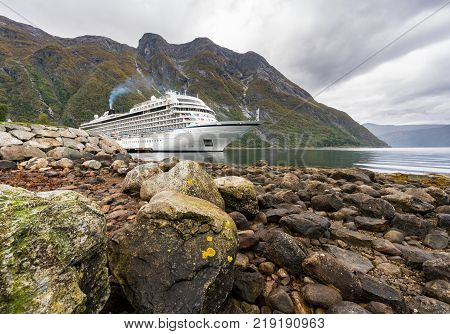 EIDFJORD, NORWAY - 21 SEPTEMBER 2017: Viking Star cruise ship docked at the quayside in Eidfjord in Norway
