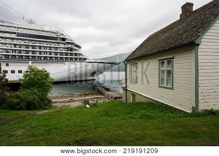 EIDFJORD, NORWAY - 21 SEPTEMBER 2017: Viking Star cruise ship docked at the quayside in Eidfjord in Norway
