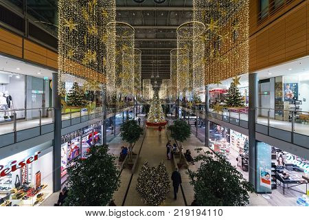 BERLIN - DECEMBER 18 2017: Arkaden - new and modern shopping mall at Potsdamer Platz in the Christmas illumination.