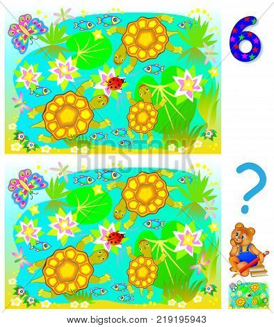 Exercises for young children. Need to find 6 differences. Developing skills for counting. Vector cartoon image.