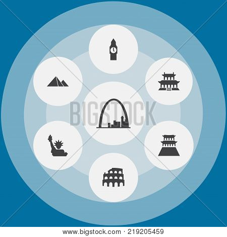 Collection Of The Forbidden City, London, America And Other Elements.  Set Of 7 Landmarks Icons Set.