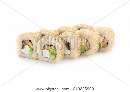 sushi eel in sesame on a white background isolated