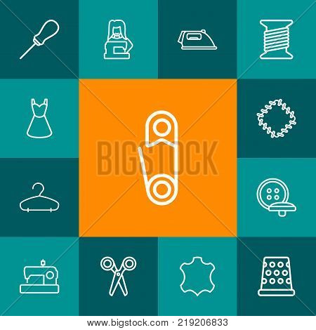 Collection Of Patch, Hanger, Iron And Other Elements.  Set Of 13 Sewing Outline Icons Set.