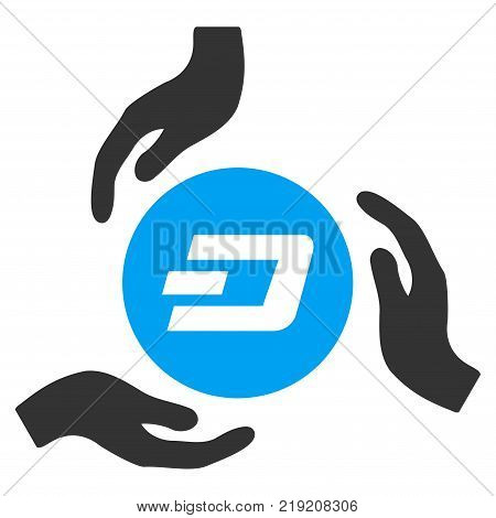 Dash Coin Care Hands vector pictograph. Illustration style is a flat iconic bicolor blue and gray symbol on white background.
