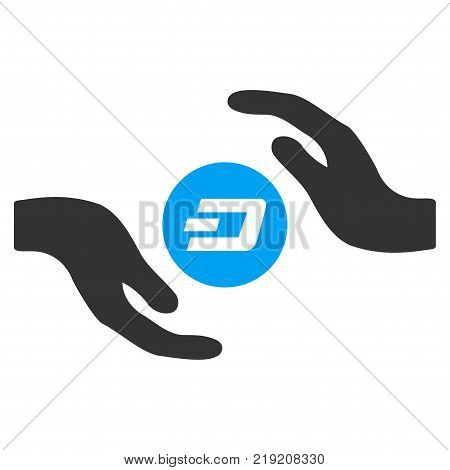 Dash Coin Care Hands vector pictograph. Illustration style is a flat iconic bicolor blue and gray symbol on white background.