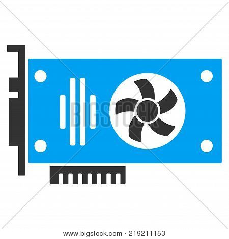 Videocard vector pictogram. Illustration style is a flat iconic bicolor blue and gray symbol on white background.