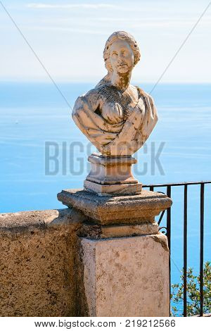 Sculpture at the terrace in Ravello village Tyrrhenian sea Amalfi coast Italy