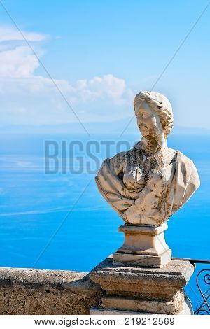 Sculpture at the terrace Ravello village Tyrrhenian sea Amalfi coast Italy
