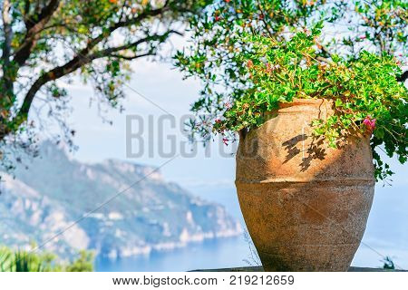 Scenery with flower pot in Ravello village Tyrrhenian sea Amalfi coast Italy