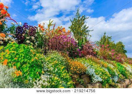St-Fraimbault's rockery in the Orne countryside in summer, Normandy France