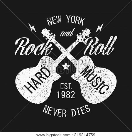 New York rock and roll grunge print for apparel with guitar. Typography emblem for t-shirt with slogan: Hard music - never dies. Design for vintage clothes. Vector illustration.