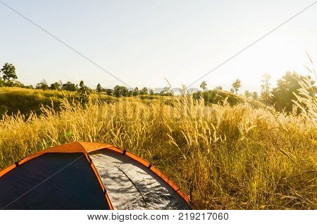 outdoors camping grass highlands mountain in the Sunset.