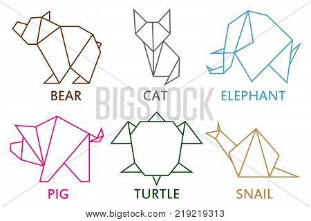 Origami animals collection. Set of line geometric shape for art of folded paper. Template for logo with - bear, cat, elephant, pig, snail and turtle. Vector illustration.