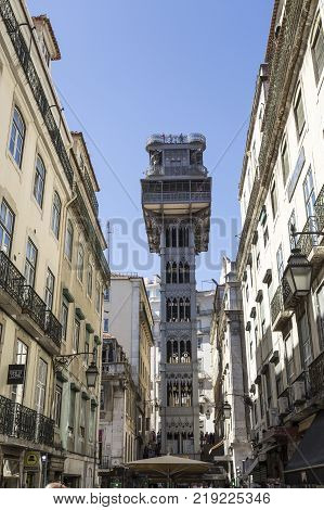 LISBON, PORTUGAL - September 25, 2017: Santa Justa Lift also called Carmo Lift is an elevator opened in 1901 and connecting the streets of Baixa with the higher Carmo Square in Lisbon Portugal