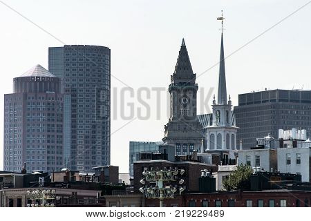 View of the historic Custom House skyscraper clock tower in skyline of Boston, Massachusetts USA