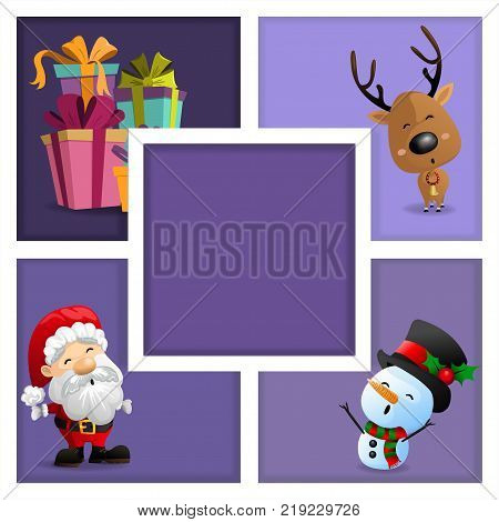 Christmas cards with Santa snowman gift box and reindeer in frame on purple background. Vector illustration