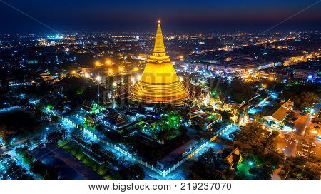 Aerial View Of Beautiful Gloden Pagoda At Sunset. Phra Pathom Chedi Temple In Nakhon Pathom Province