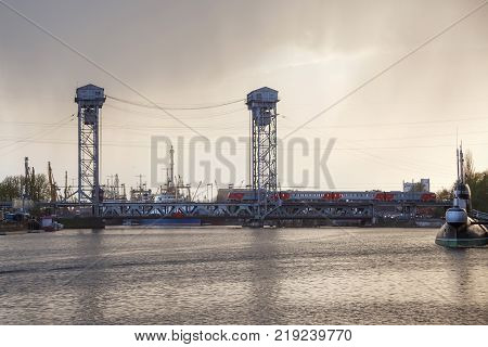 KALININGRAD, RUSSIA - APRIL 25, 2016: Double-deck drawbridge over the Pregolya River in Kaliningrad (Konigsberg) Russia. The bridge was built in the 1913-1926 and was reconstructed in 1959-1965.