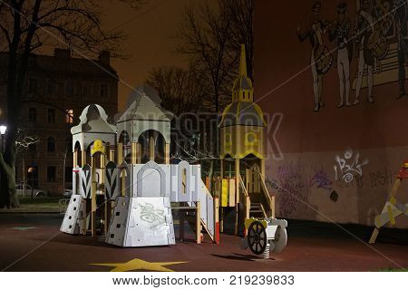 SAINT PETERSBURG, RUSSIA - NOVEMBER 03, 2014: Modern children's playground in the Petrograd district of St. Petersburg at autumn night.
