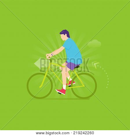 Caucasian man biking in shorts, a t-shirt and sneakers with fitness tracker on his wrist. Healthy livestyle flat design style vector illustration