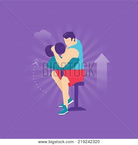 Caucasian man doing dumbbell curls exercise in shorts, sports shirt and sneakers. Exercise Workout. Healthy livestyle flat design style vector illustration