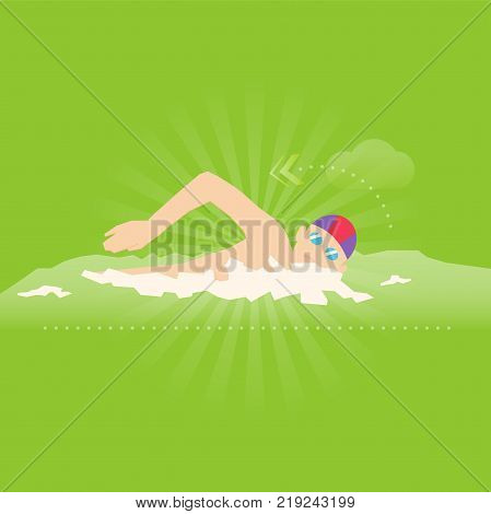 Caucasian man swimming in a pool in swimming cap and waterproof glasses. Healthy livestyle flat design style vector illustration