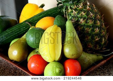 Selection of bright ecotic fruits and vegetables