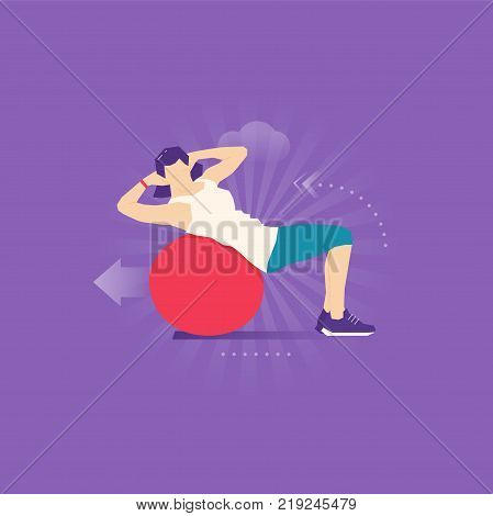 Caucasian woman doing abdominal curl on stability ball. Exercise Workout. Healthy livestyle flat design style vector illustration
