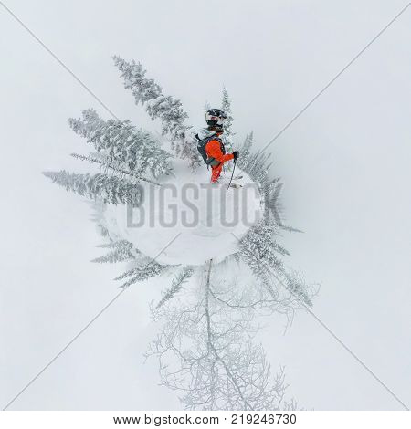 Man Skier Freerider Standing At Top Of Ridge Adventure Winter Freeride Extreme Sport.