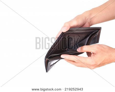 Man hand open an empty wallet isolated on white background with clipping path