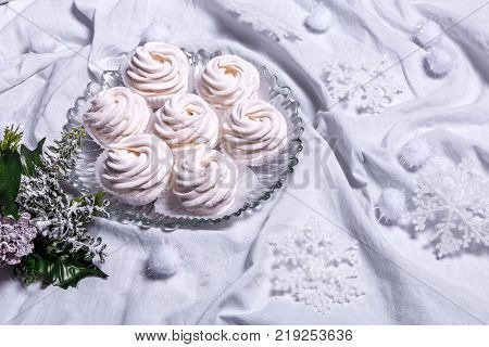 Homemade Marshmallows. Zephyr. On White Textille Background