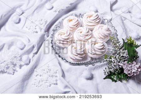 Homemade Marshmallows. Zephyr. On White Textille Background