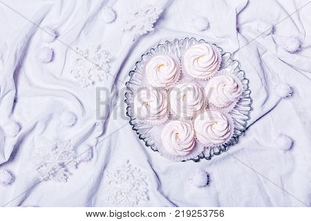 Homemade Marshmallows. Zephyr. On White Textille Background