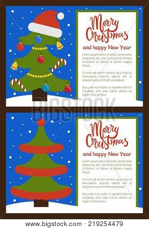 merry christmas happy vector photo free trial bigstock merry christmas and happy new year posters with tree ornated with toys in forms of candies