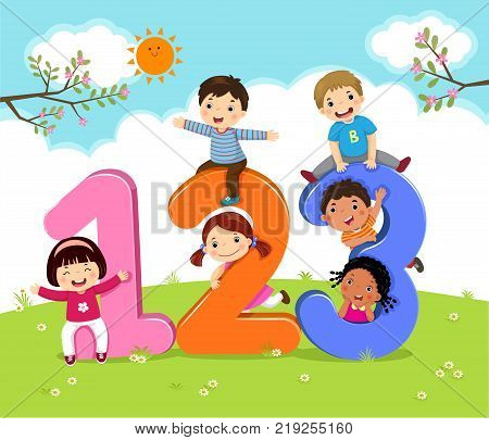 Vector illustration of cartoon kids with 123 numbers