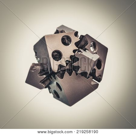Object printed on metal 3d printer. A model created in a laser sintering machine close-up. DMLS, SLM, SLS technology. Concept of 4.0 industrial revolution. Isolated on white background.
