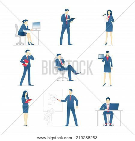 Business, finance and office employees in suits at different work situations. Business people lifestyle. Set of businessman and businesswoman characters vector illustrations